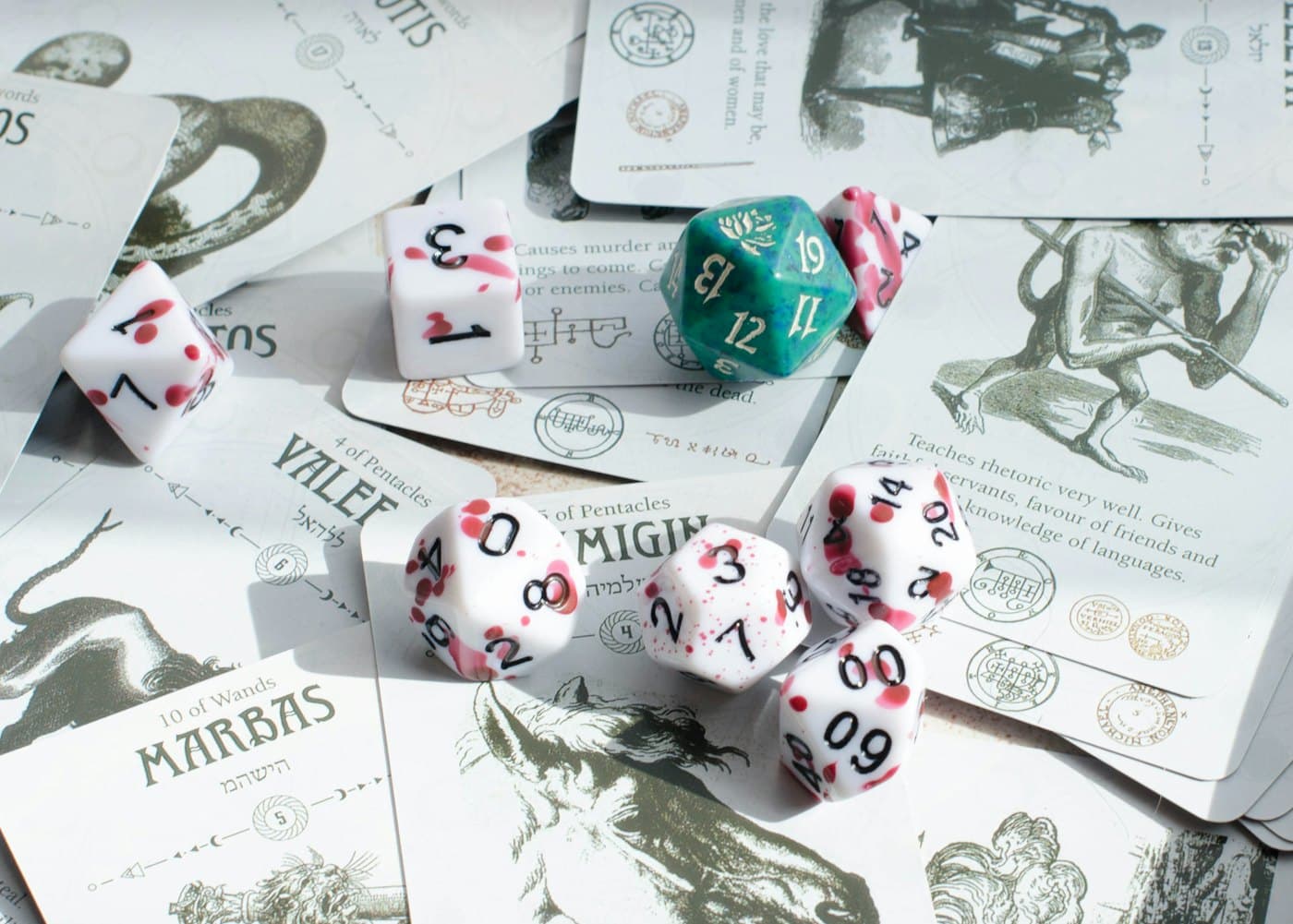 Dice and tabletop gaming materials arranged on a table